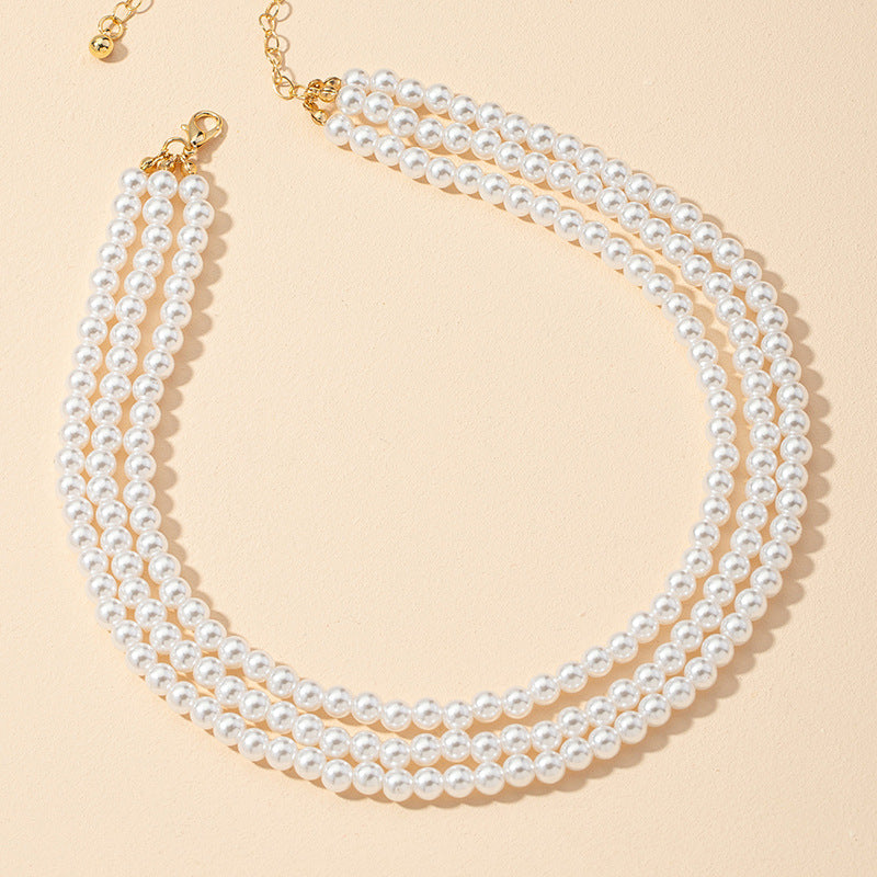 Faux Pearl Layered Three Strand Necklace Vintage