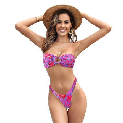Tube Top Pumping Pleated Bikini Female Sexy Halter High Waist Thickened Split Swimsuit