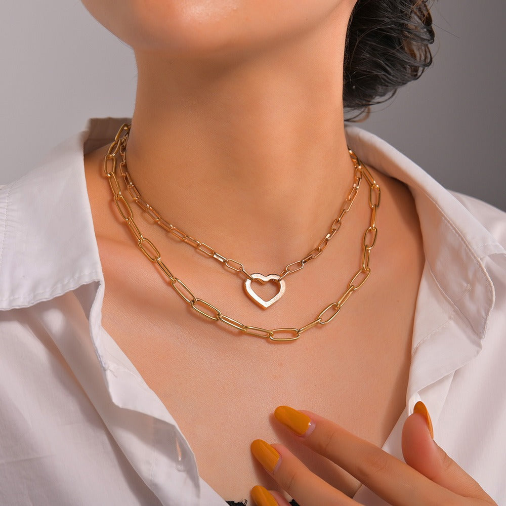 Punk Chunky Choker Double Heart Multi Layer Paper Clip Necklace