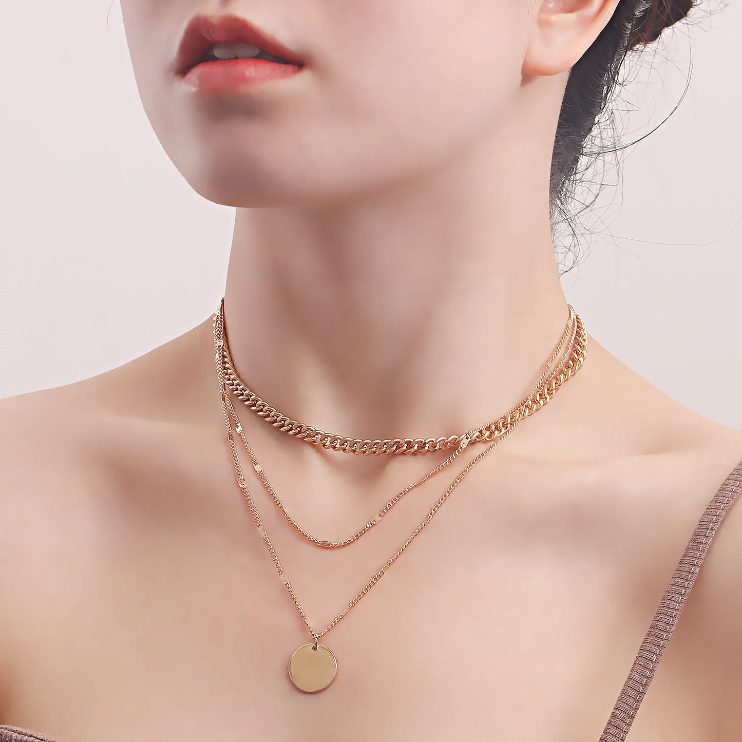 Multi Layered Chain Necklace for Women with Round Charm Pendant