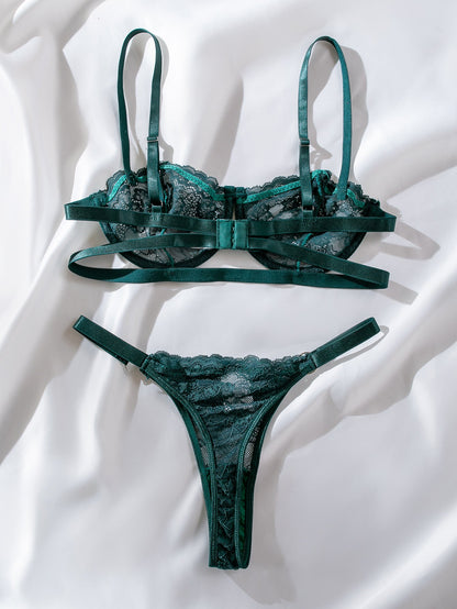 INS Internet Celebrity Lace Embroidery Mesh See through Sexy Lingerie 2 piece Set