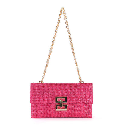 Bag ladies holiday shoulder bag, chain flip lock square purse, straw bag hobo shoulder bag women