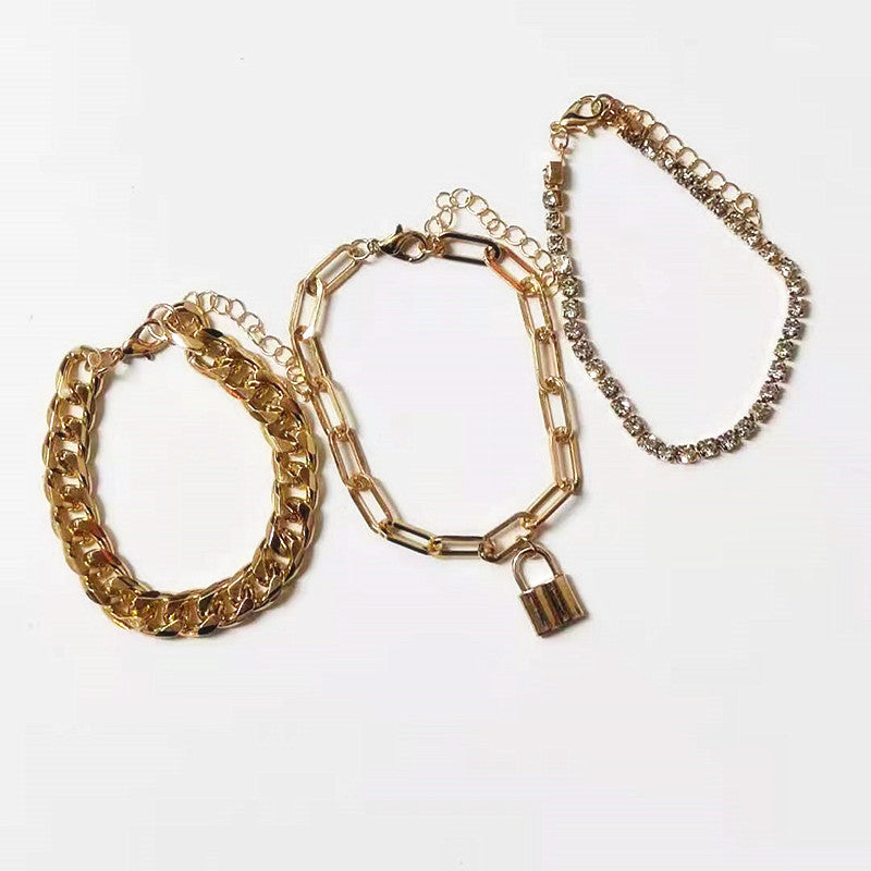 Women Crystal Chain Lock Charm Bracelet Set