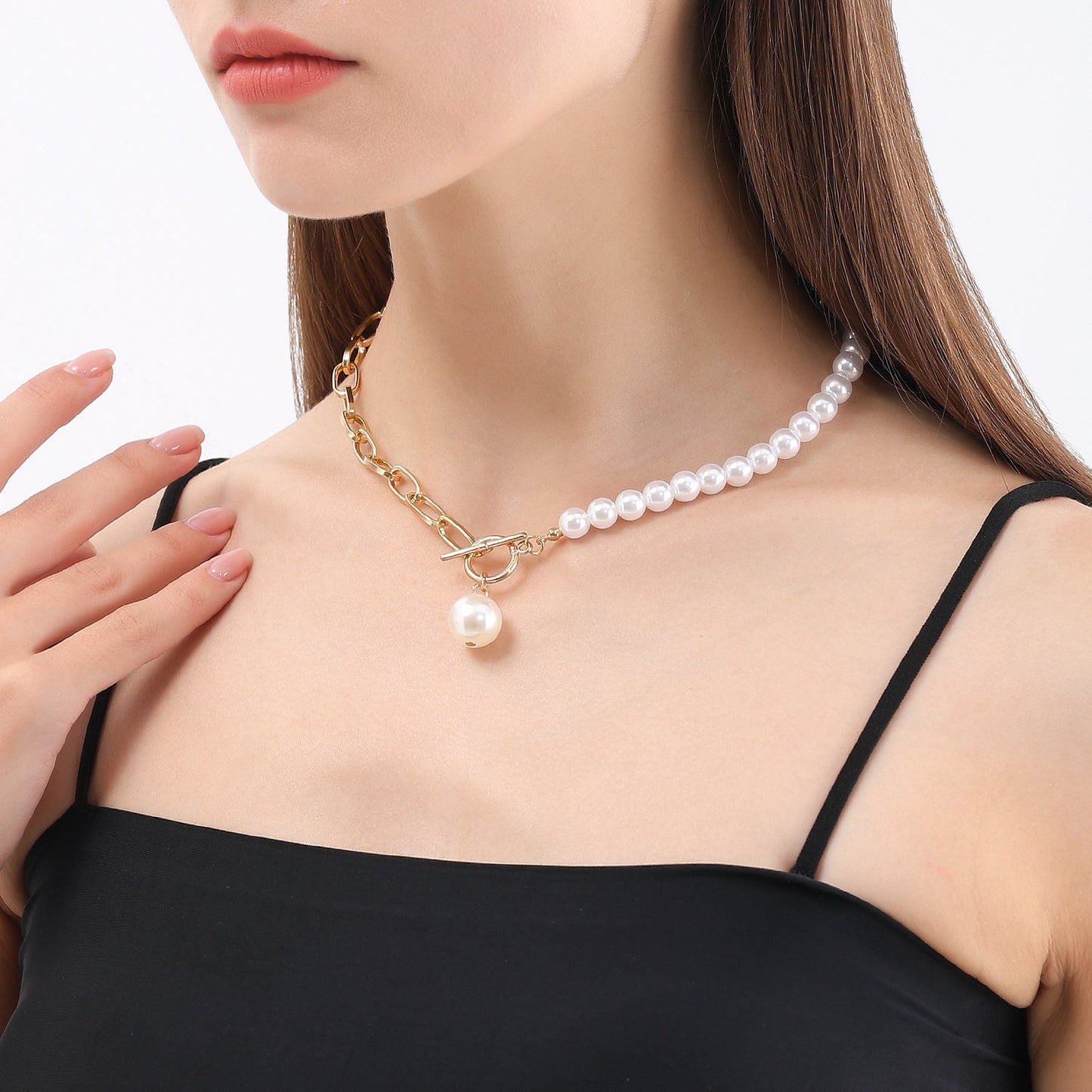 Pearl Necklace Sweater Gold Chain with Toggle Clasp