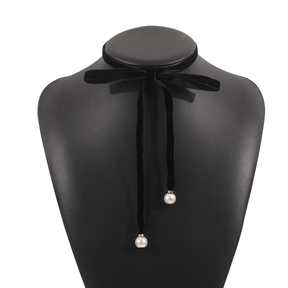 Women Velvet Pearl Bow Choker Simple Long Lace up Necklace