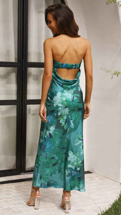 Women's Square Neck Corset Maxi Dress - Floral Printed High Waist A-Line Long Dress
