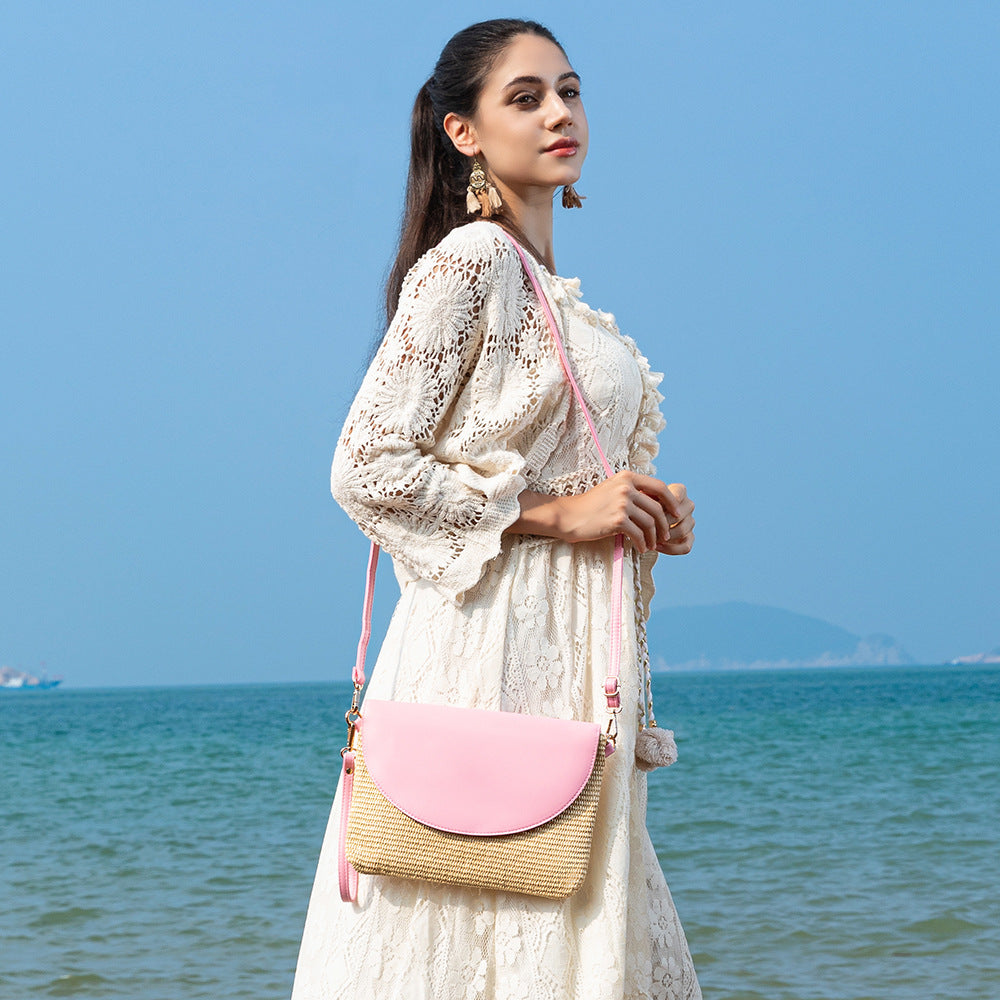 Holiday straw bag, small solid color shoulder bag, small crossbody beach bag, seaside beach bag evening clutch woven bag