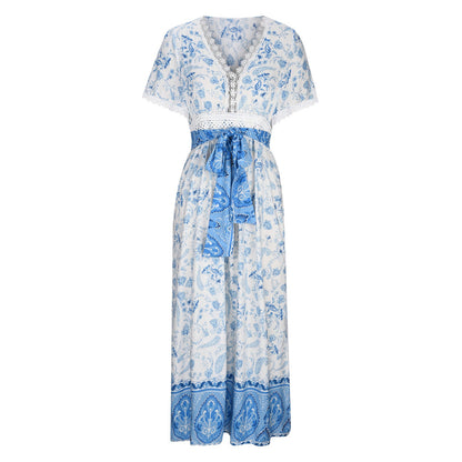 Women's Short Sleeve Lace Trim Tie-Waist Bohemian Dress Vacation Beach Dress Floral