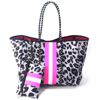 Camo Leopard Black Print Beach Tote – Women’s Neoprene Travel Bag, Diving Fabric Casual Handbag