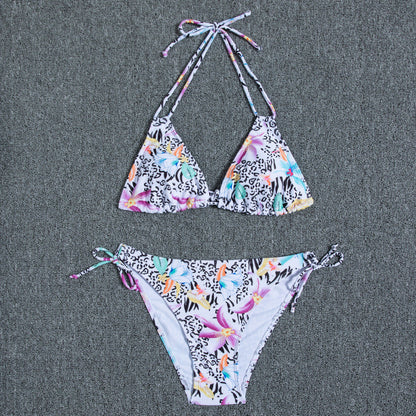 Multi-color printed neck strap halter sexy split bikini swimsuit