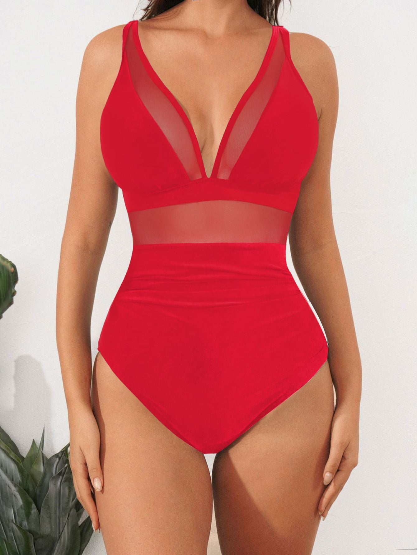2026 Bikini solid color mesh halter sexy bikini one-piece swimsuit swimsuit