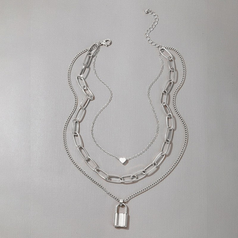 Multi Layered Thick Chain Love Lock Pendant Choker Necklace