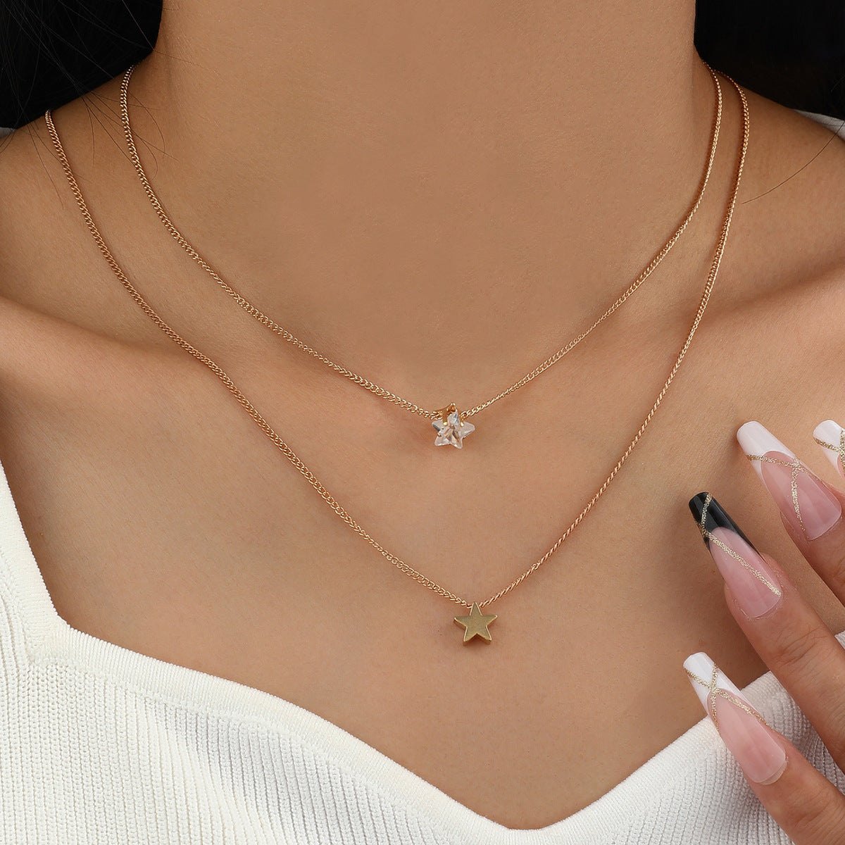 Vintage Multi Layer Zircon Double Crystal Cute Star Choker Chain Necklace