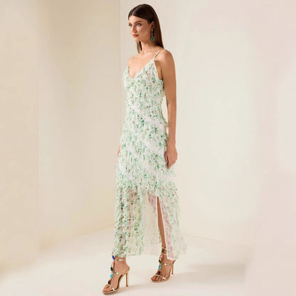 Women's Ruffle Spaghetti Strap Summer Sexy Cover-Up Mesh Long Dress