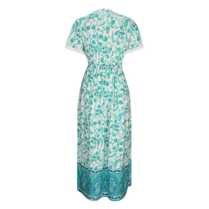 Women's Short Sleeve Lace Trim Tie-Waist Bohemian Dress Vacation Beach Dress Floral
