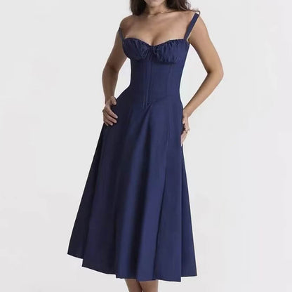 Square Neck Bustier Midi Dress - Low Cut Sleeveless Swing Sundress with Lace Trim & Spaghetti Straps