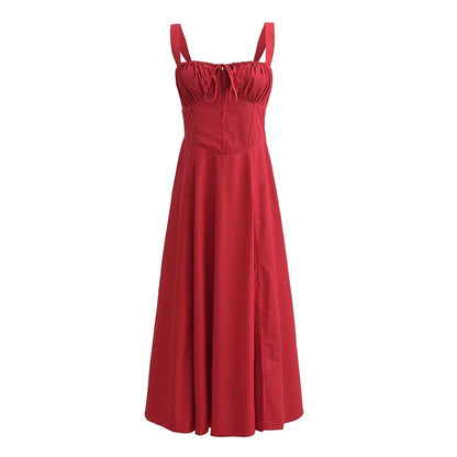 Square Neck Bustier Midi Dress - Low Cut Sleeveless Swing Sundress with Lace Trim & Spaghetti Straps