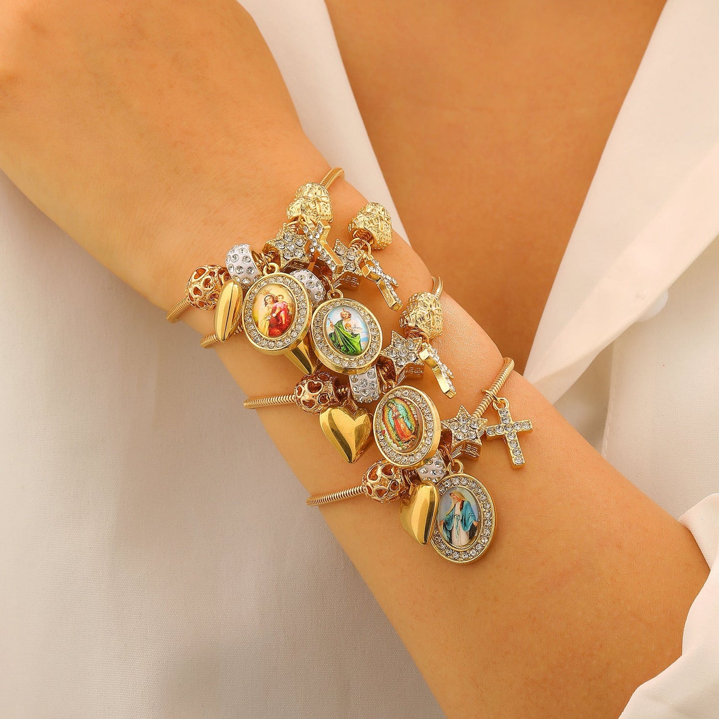DIY Beaded Bracelet Multi-Element Copper Alloy Rhinestone Heart Cross Bracelet