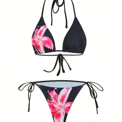 Apron Three Piece Bikini Vintage Print Long Skirt Swimsuit Women's Swimwear