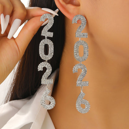 Zircon Inlaid Number Tassel Earrings & Ring Set Luxury Party Jewelry
