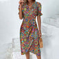 Slim-fit Women's Geometric Collage Bubble Sleeves Irregular hem Dress Sub Female Split Dress Summer Floral dress