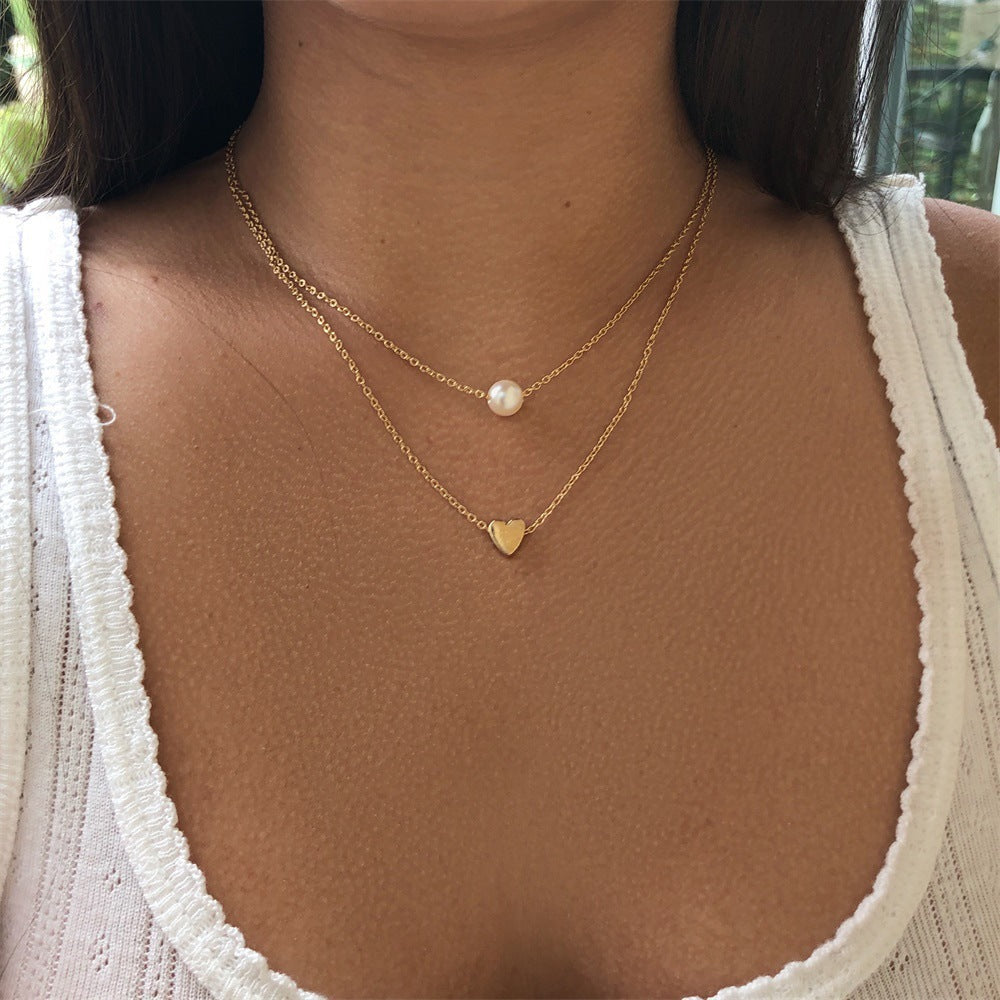 Sweet Double Layer White Pearl Heart Pendant Chain Necklace
