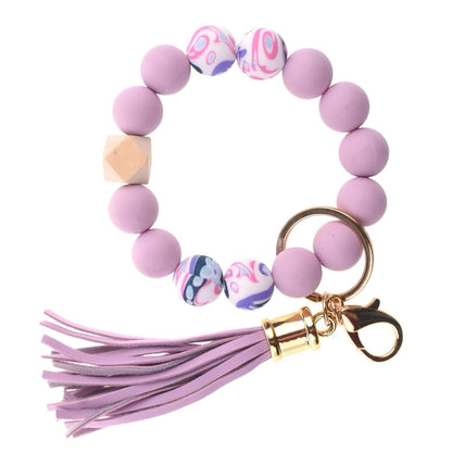 PU Tassel Keychain Women's Bag charm Silicone Beaded Keychain Wristlet Key Ring Bracelet Cute Car Key Chain Holder for Women Girls