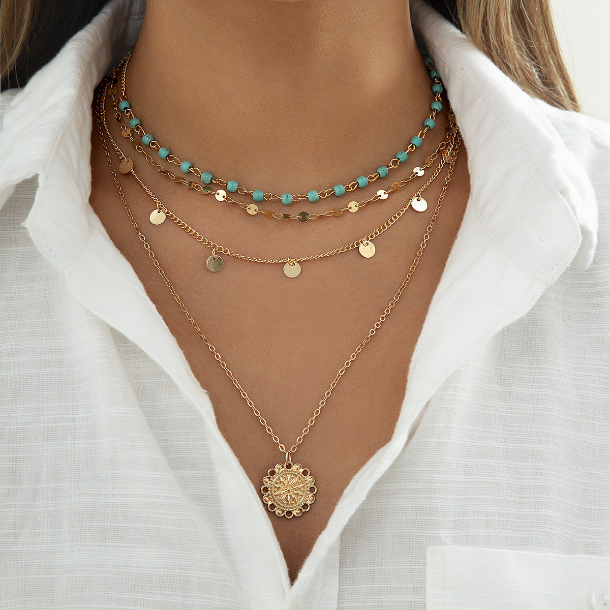 Turquoise Sequin Pendant Multi-layer Necklace