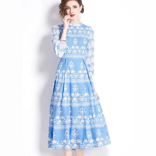 Vintage Blue Willow Print Mandarin Collar Dress - Lantern Sleeve Court Tie-Waist Flared Maxi Gown
