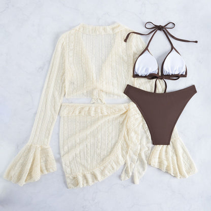 Long Sleeve Cover Up Triangle Apron Four Piece Bikini Lace Swimsuit Women's Swimwear Set