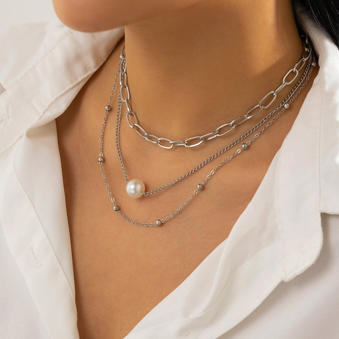Vintage Pearl Charm Layered Fashion Necklace Statement Jewelry