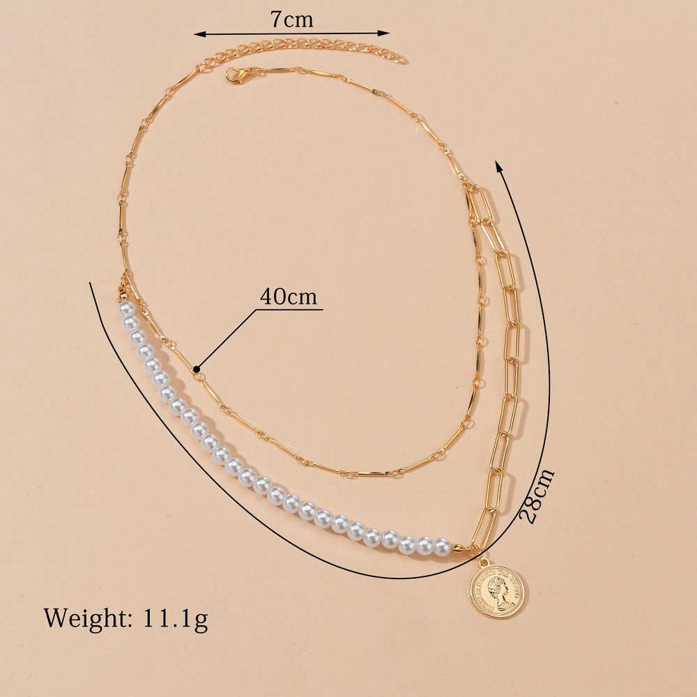 Punk Jewelry Imitation Pearl Coin Pendant Necklace