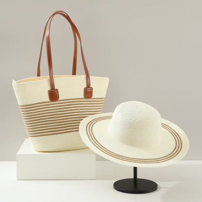 Straw Hat & Tote Two-Piece Set – Wide-Brim Beach Duo, Large Capacity Striped Vacation Kit