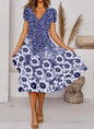 V Neck Bohemian Print Short Sleeve Dress - Flowy Casual Summer Dress with Elastic Waist