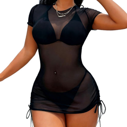 Black Bikini Three Piece Cover Up Mesh Sheer Separated Swimsuit Women's Sexy Pure Desire Style Swimwear