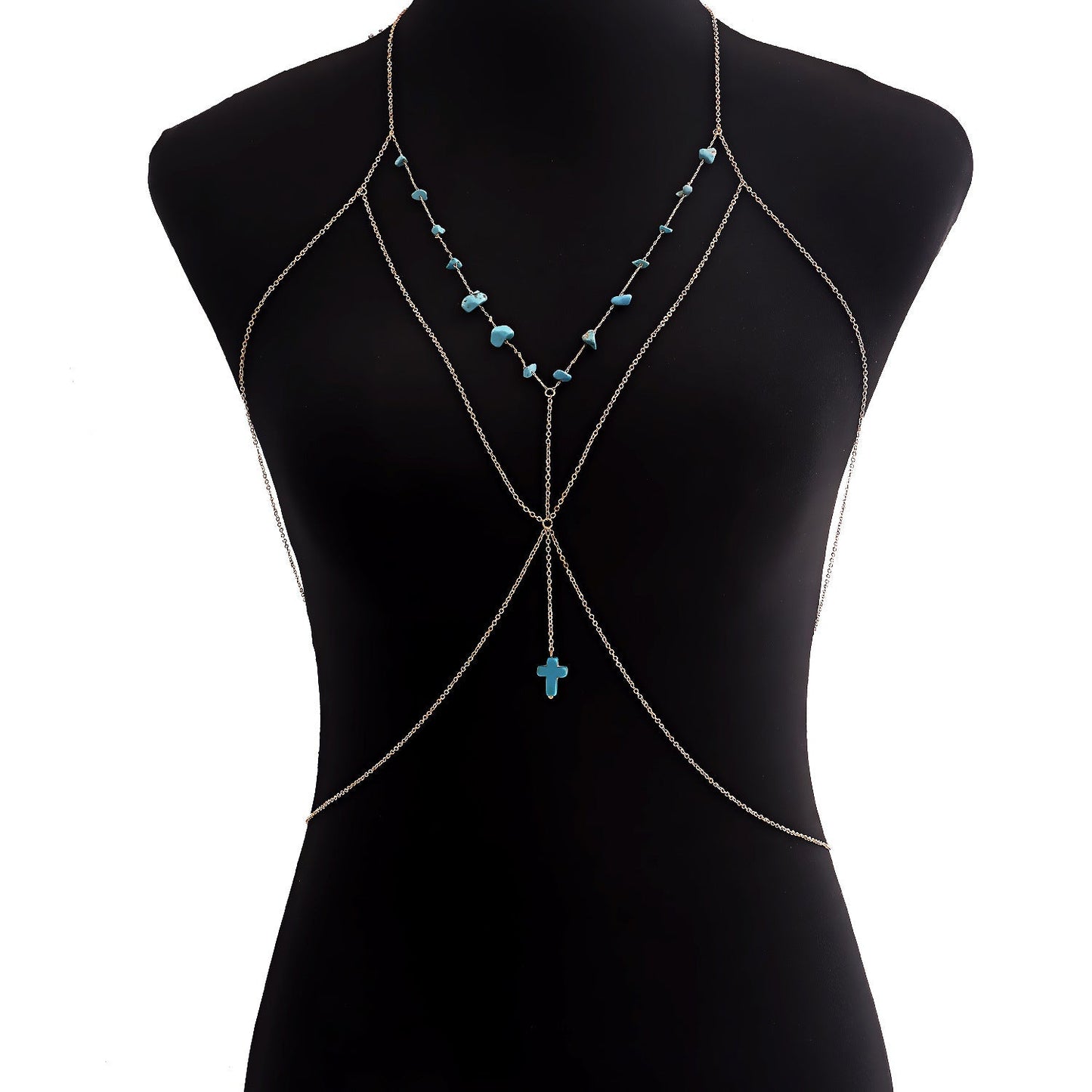 Sexy Cross Stone Beads Body Chains Bikini Belly Bra for Women