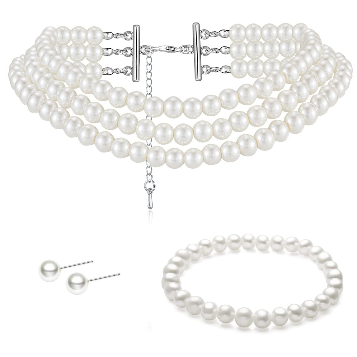 Vintage Dainty Multilayer Faux Pearl Choker Necklaces and Earrings