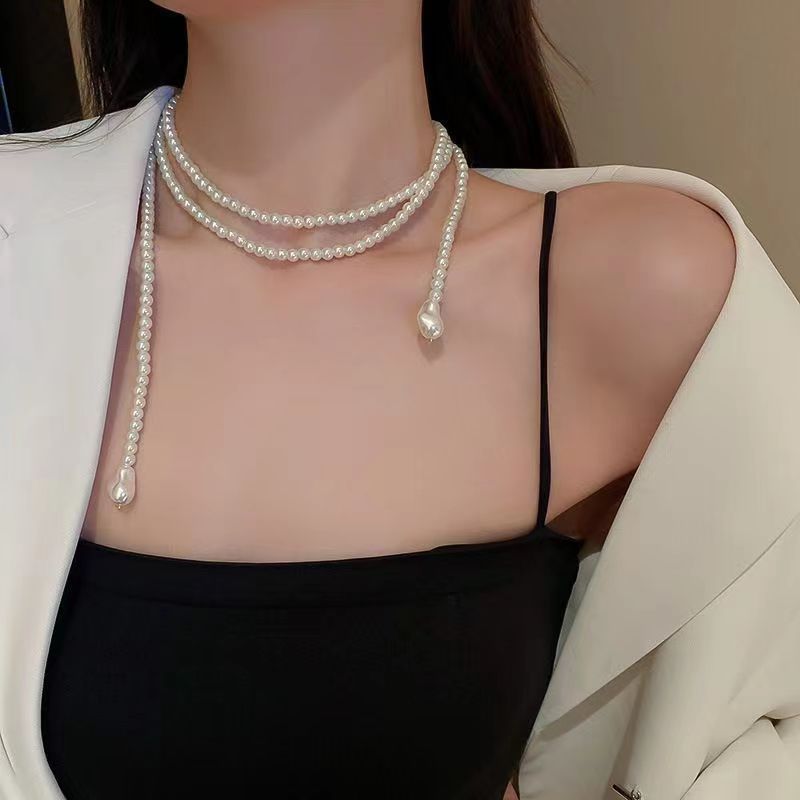 Long Chain Pearl Beaded Pendant Necklace
