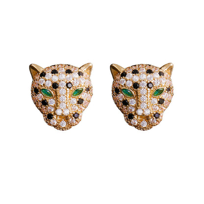 Hip Hop Leopard Head Pendant Necklace & Earrings Set Paved Zircon Luxury Jewelry