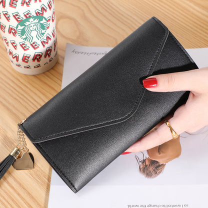 Wallet women's long, fringed three-fold flip clutch bag, simple women's wallet evening