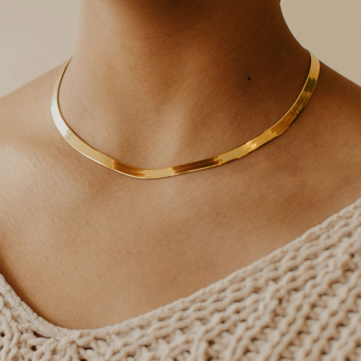 14K Gold Plated Herringbone Choker Necklace - Dainty Thin Snake Chain Layered Jewelry for Women