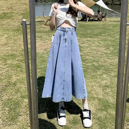 Women’s Denim A-Line Midi Skirt – Plus Size High-Waist Elastic Waist, Fall Loose-Fit Skater Skirt