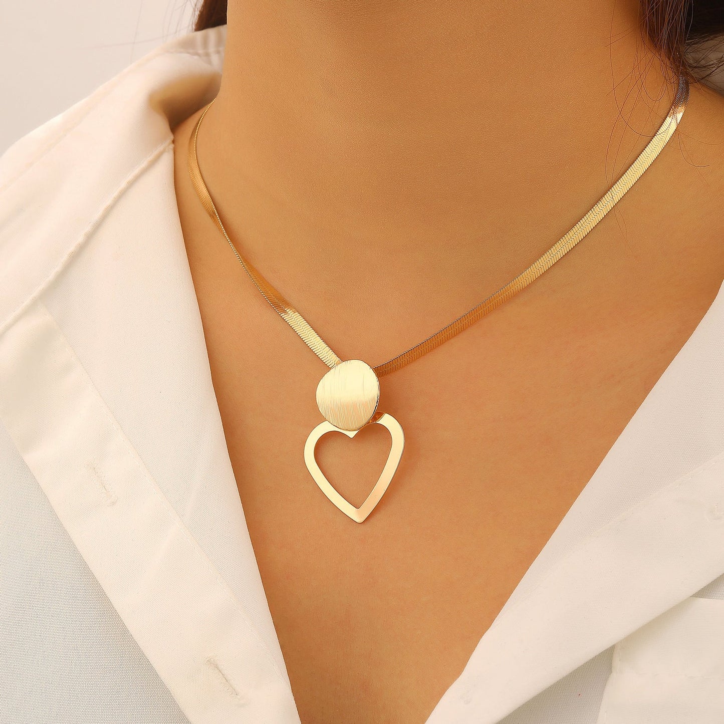 Creative Circle Heart Geometric Pendant Necklace & Earrings Elegant Jewelry Set