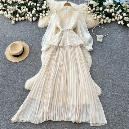 Premium Beaded Lantern Sleeve Tassel Dress –Tie-Waist A-Line Midi, Office Elegant Shift Dress