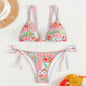 Printed Triangle Sexy Split Swimsuit Three Points Beach Bikini Female Neck-Tie Halter Bikini W Random Flower