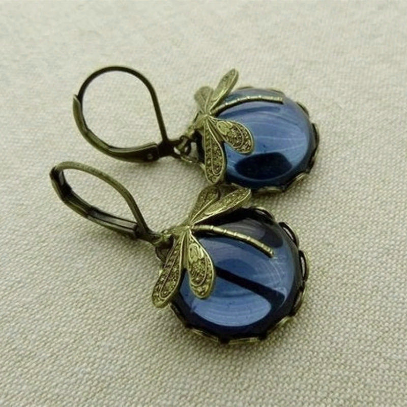 Fashion Jewelry Vintage Dragonfly Pattern Earrings Distressed Moonstone