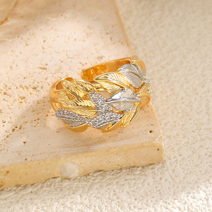 Luxury Leaf Texture Copper Inlaid Zircon Ring Gold Two-Tone Open Ring