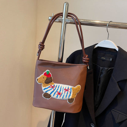 Adorable Cute Puppy Pattern Canvas Bag - Fashionable Bucket Style Shoulder Bag for Students & Women Hobo