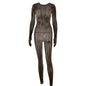 Sexy perspective summer perspective onesie fashion seamless striped jacquard one-piece long-sleeved one-piece trousers