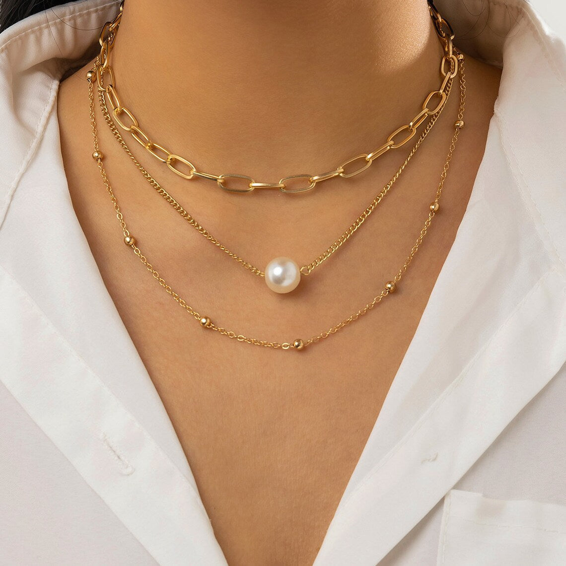 Vintage Pearl Charm Layered Fashion Necklace Statement Jewelry